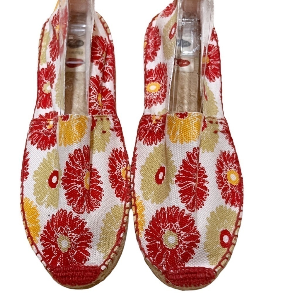 Rock Flower Paper Floral Flat Espadrilles Canvas Jute Beige, Red, & Yellow 7.5